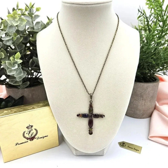 Premier Designs Vintage Bronze Oval Link Chain Cross Pendant Bezel Set‎ Crystals - Picture 1 of 5